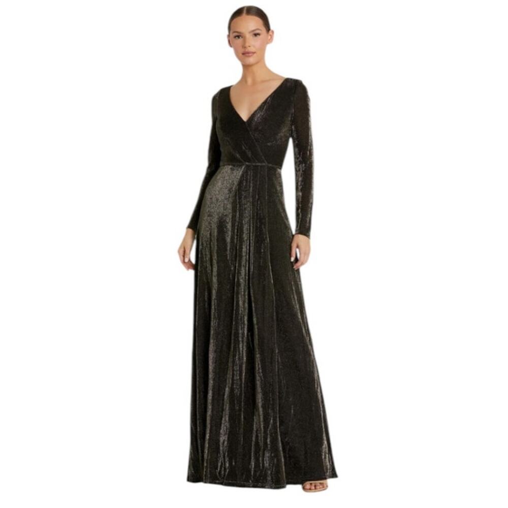 Mac Duggal Size 16 NEW Black Gold Long Sleeve Faux Wrap A Line Formal Gown 49088